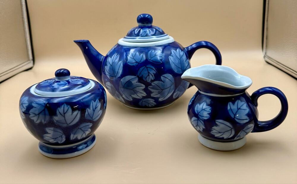 DesignPac Cobalt Blue Leaf 3-Pc Tea Set Teapot Sugar Bowl Creamer China